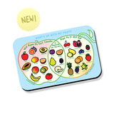 A rectangular magnet showing a Venn diagram that says "What's up with my fruit?'. Has icons of different types of fruits in the sections "Will ripen on your counter", "It depends on the variety" and "Ripe as it will get".