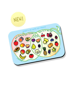 A rectangular magnet showing a Venn diagram that says "What's up with my fruit?'. Has icons of different types of fruits in the sections "Will ripen on your counter", "It depends on the variety" and "Ripe as it will get".