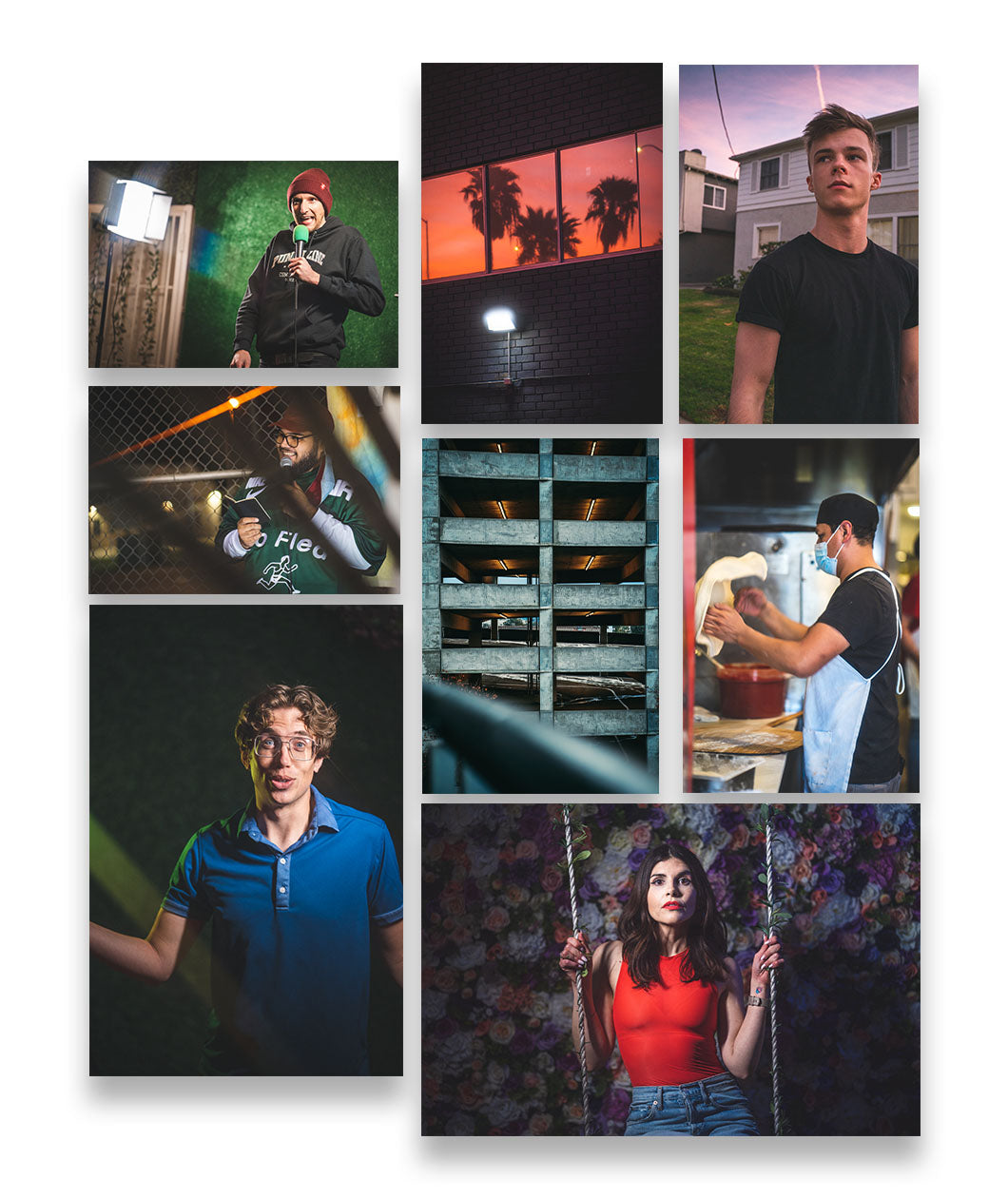 A Lightroom Preset pack from Mike Falzone showing eight different edited photos of people and places.