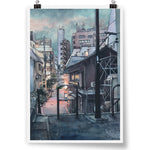 Poster of a water color by Mateusz Urbanowicz. Painted in cool colors, looking down a city street with buildings lit up.