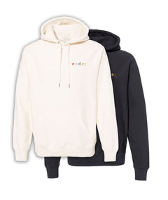 Black and white hoodie with “code;” in the top right of each hoodie. “Code;” is in red, pink, blue, yellow, and orange, respectively - from Mayuko Inoue