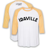 A white baseball tee with light yellow sleeve and trim. Across the front reads "Idaville" and on the upper back it reads "Meddling Adults".
