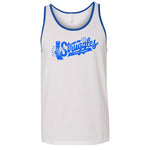 A white tank top with a blue hem around the neck and arms that read "Struggles; Mike Falzone" in blue next to a stopwatch set to 30 seconds and a bandaged foot.