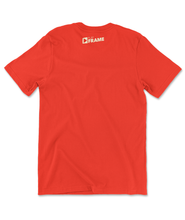 The back of an orange t-shirt with the PlayFrame logo centered at the very top of the back area.