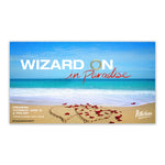 A rectangle showing a beach with two hearts in the sand with roses. Across the sky it reads, "Wizard On in Paradise". From Potterless.