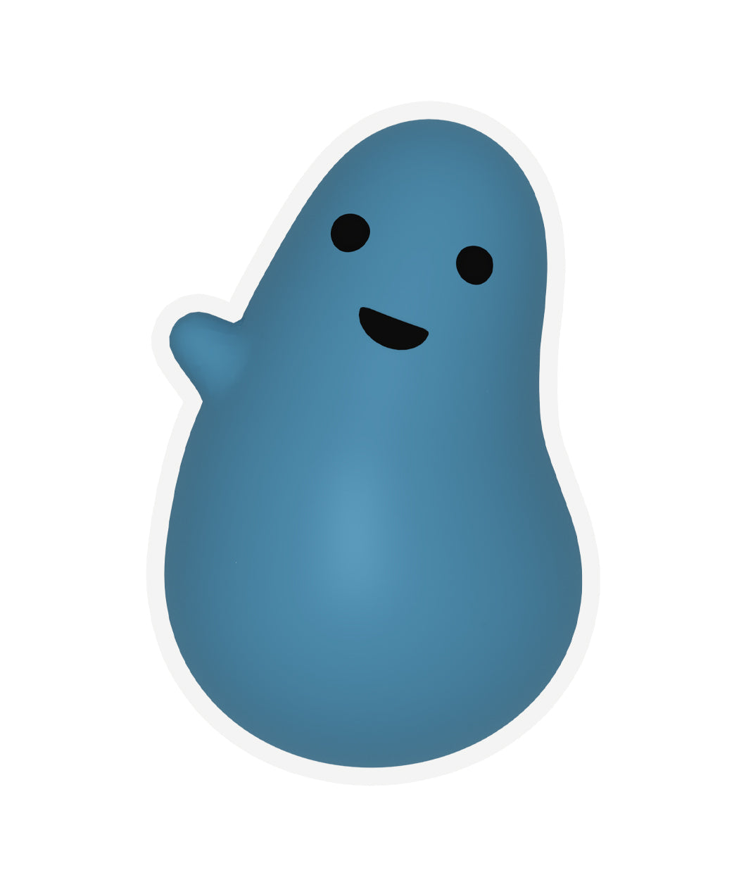 An ovular blue sticker with a wide base and thinner top and a small nub for a hand coming out of the left side. Two black circles act as the eyes and a half circle is the mouth - from Primer