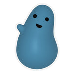 An ovular blue sticker with a wide base and thinner top and a small nub for a hand coming out of the left side. Two black circles act as the eyes and a half circle is the mouth - from Primer