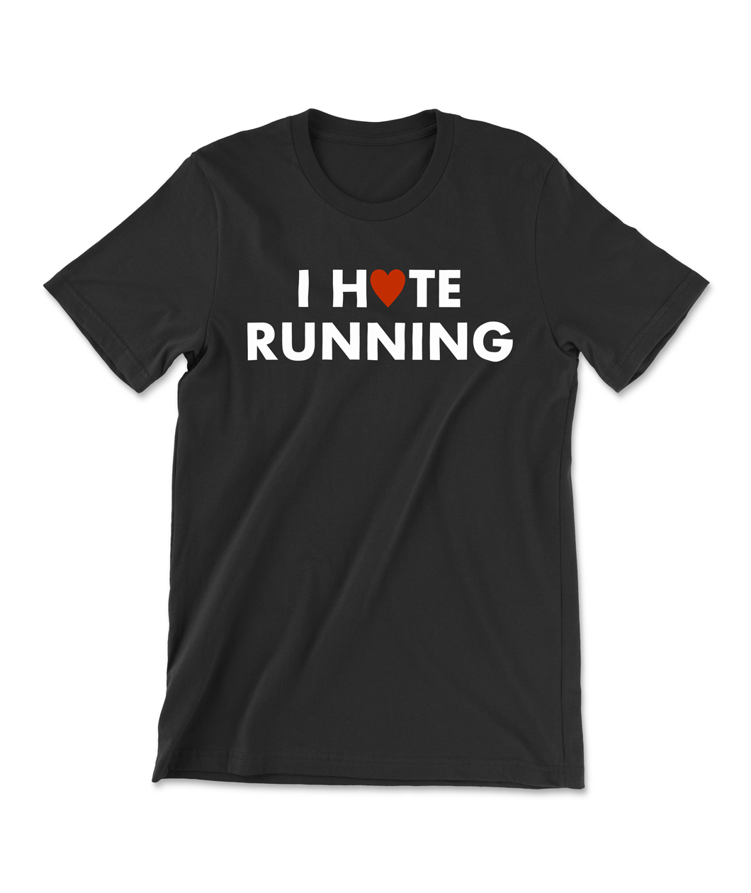 A black t-shirt that says "I hate running" with the "A" replaced by a red heart. From Semi Rad.
