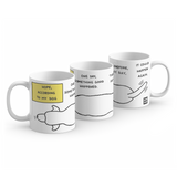 A line of three white mugs each showing a different portion of the same mug. There is an outline of a dog with text showing "Hope according to my dog". From Semi Rad.