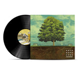 A black record with a still life water color drawing of a show, radio, and cup are in the center. Record is coming out of a sleeve. The record sleeve is a painting of a tree, showing underground roots, against a cloudy sky. “Anthropocene Reviewed” is on the bottom right in white sans serif font - from The Anthropocene Reviewed