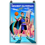 An image for the Newest Olympian Live Show showing someone holding a basketball, in front of skyscrapers, with a cape and pigeons flying around.
