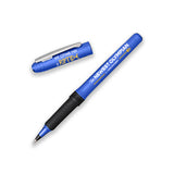 Blue pen with black grip with the lid off. The lid has a silver clip. On the lid, “My Other Pen is” is written in white Greek font. “Riptide” is in yellow Greek font. On the barrel of the pen, “The Newest Olympian” is in white sans serif font. Below, “With Mike Schubert” is in white sans serif font with a trident going through - from the Newest Olympian