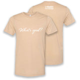 Yellow shirt with “What’s good?” on the front across the chest in white cursive font. On the back below the collar, “The Newest Olympian” is written in white sans serif font - from The Newest Olympian