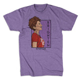 Purple t-shirt with the profile of a Esther Earl wearing a Pizza John shirt, smiling, with oxygen tubes in. Next to the picture is the word "Brighten". Art by Karen Hallion from This Star Won't Go Out.