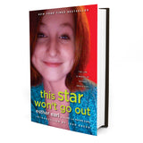 Book with picture of Esther Earl smiling on cover wearing blue floral design shirt with red background. “New York times bestseller” written on top in white sans serif font. “The life & words of Esther Grace Earl” on center right side written in white sans serif font. “this star won’t go out” is written in lime green in sans serif font. “esther earl with Lori and Wayne Earl introduction by John Green” written below in white sans serif font - from This Star Won’t Go Out