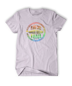 Lavender color shirt with “Pi Day 2022 Chromatic Challenge Winner” written in warped, serif font surrounded by a circle of music notes and bars all colored in  metalic rainbow in center of shirt - from Vi Hart