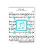 Teal square with a music note in the center and six energy bolts surrounding the square on top of Pi Day 2022 sheet music - from Vi Hart