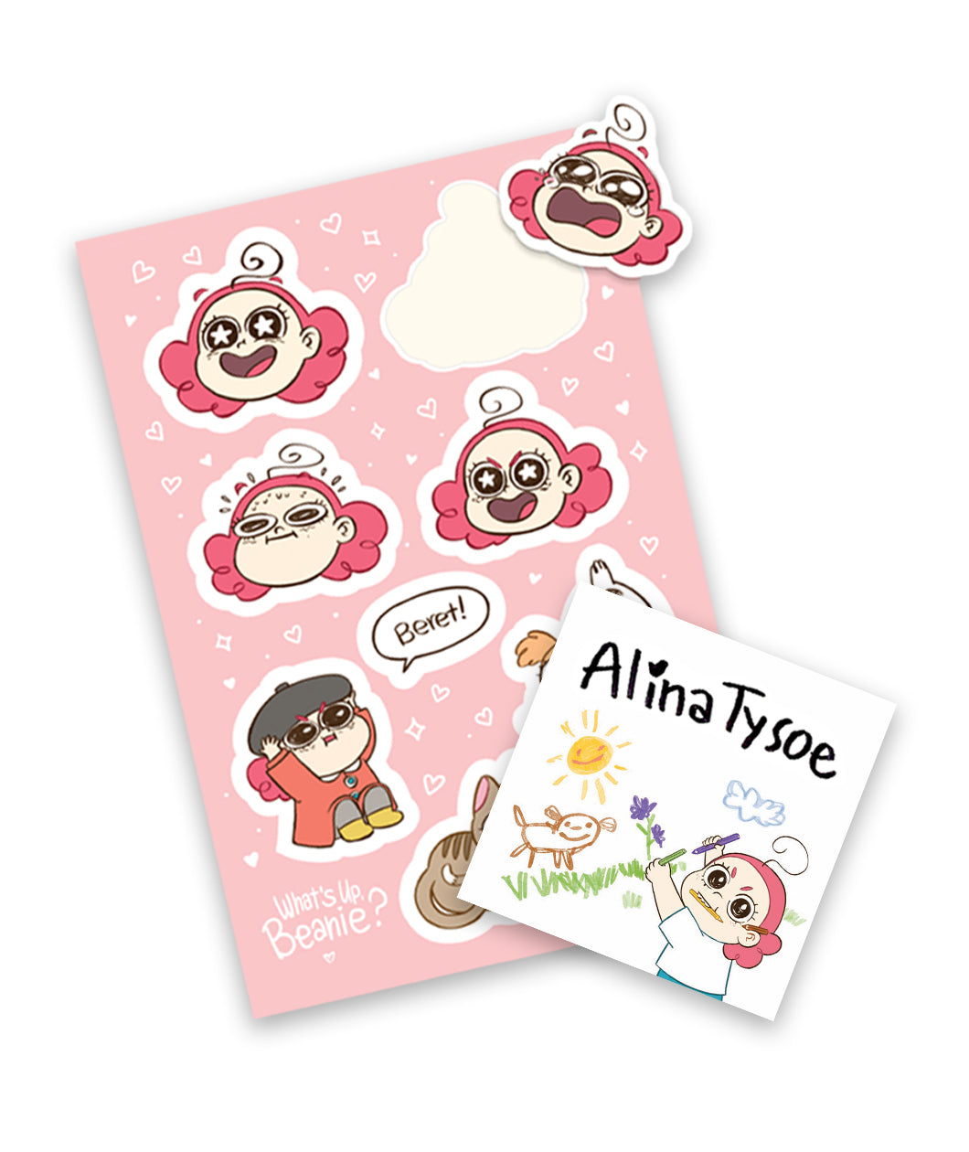 Two items on top of each other: A rectangular pink sticker sheet that contains 9 stickers of cartoon drawings of Beanie and pets. A signed square bookplate that has a drawing of Beanie sketching a scene and the signature 