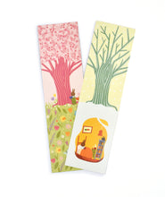 Shows two bookmarks with trees and a little rabbit.