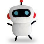 A white robot plushie with thin black arms and legs, red ears, a black antena with a red ball on top, and blue circular eyes surrounded by a large black oval - from CGP Grey.