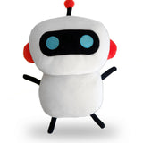 A white robot plushie with thin black arms and legs, red ears, a black antena with a red ball on top, and blue circular eyes surrounded by a large black oval - from CGP Grey.