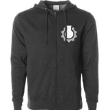 A grey zip up hoodie with a white beaker surrounded by a grey gear in the top left of the hoodie - from CGP Grey.