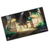 A rectangular playmat with curved edges showing an image of a grand hall with five visible gold pigs on pedestals. Vegetation grows throughout the old hall showing its age with a hole in the ceiling. “The Commander’s Quarters” is in gray sans serif font - from the Commander’s Quarters