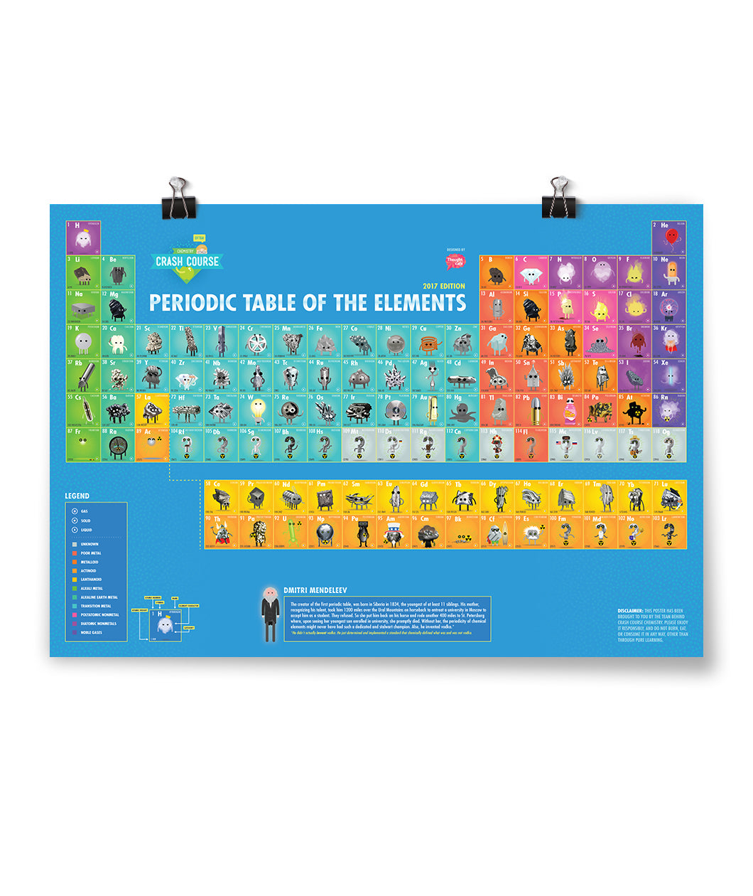 A blue poster of the periodic table with drawings of each element. By CrashCourse