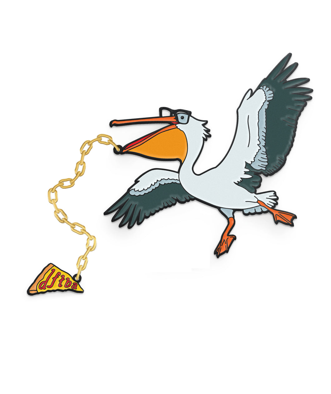 A pin shaped link a pelican wearing glasses (meant to look like Hank Green) with a golden chain attached to its lower bill that connects to a slice of pizza with "dftba" written on it.