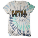 Tie dye shirt in a spiral with shades of blue with "DFTBA; Don't Forget to be Awesome" written in brown font. There is grass coming off of the top of DFTBA, daisy coming out of the A and a worm nestled in the F.