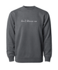 Gray crewneck sweatshirt with “don’t blame me” across chest in white cursive font - from Don’t Blame Me