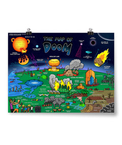 A cartoon drawing of the earth from above being destroyed by various explosions and natural disasters - by Domain of Science.