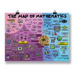 A horizontal poster titled, "THE MAP OF MATHEMATICS". It is a purple, pink and blue poster with illustrations about math.