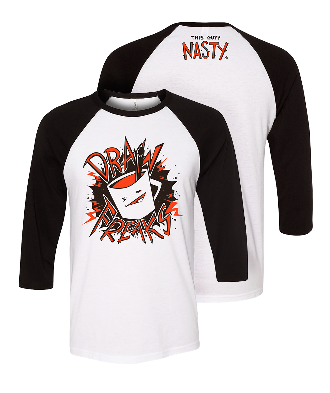 A black and white baseball tee that has the Drawfee logo on the front and the words 