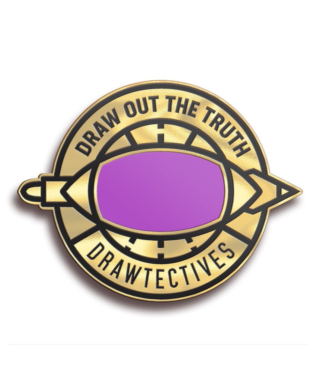 A gold circular pin with the words "Draw Out the Truth" across the top and "Drawtectives" along the bottom. There is a purple section in the middle. From Drawfee.