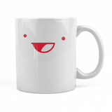 A white mug with a red, open mouthed smily face depicting the Drawfee logo.