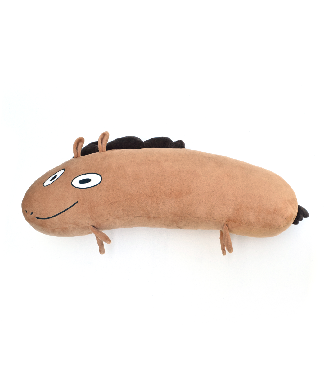 The Jacob Horse plushie is an oblong light brown horse with a crooked smile and eyes on one side of its body. It has little legs, ears and a mane and tail.