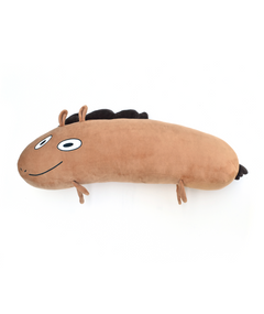 The Jacob Horse plushie is an oblong light brown horse with a crooked smile and eyes on one side of its body. It has little legs, ears and a mane and tail.