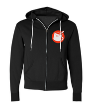The front view of a black zip-up hoodie with the Drawfee logo on the left breast pocket area.