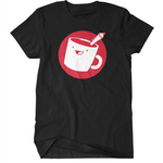 A black t-shirt with the red and white Drawfee logo of a mug with a pencil coming out of it.