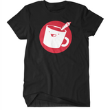 A black t-shirt with the red and white Drawfee logo of a mug with a pencil coming out of it.