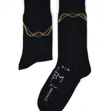A black sock with red, yellow, and red arching lines at the top of the sock with a math equation in white on the side of the foot - from 3Blue1Brown.