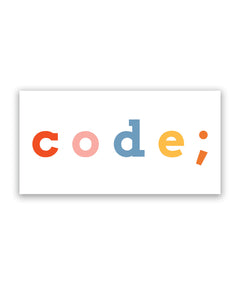 White rectangular sticker with “code;” in center of sticker in red, pink, blue, yellow, and orange, respectively- from Mayuko Inoue