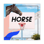 A basketball hoop with "Horse" on the backboard and a horse head in the left corner of the sky background - by HORSE