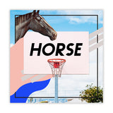 A basketball hoop with "Horse" on the backboard and a horse head in the left corner of the sky background - by HORSE