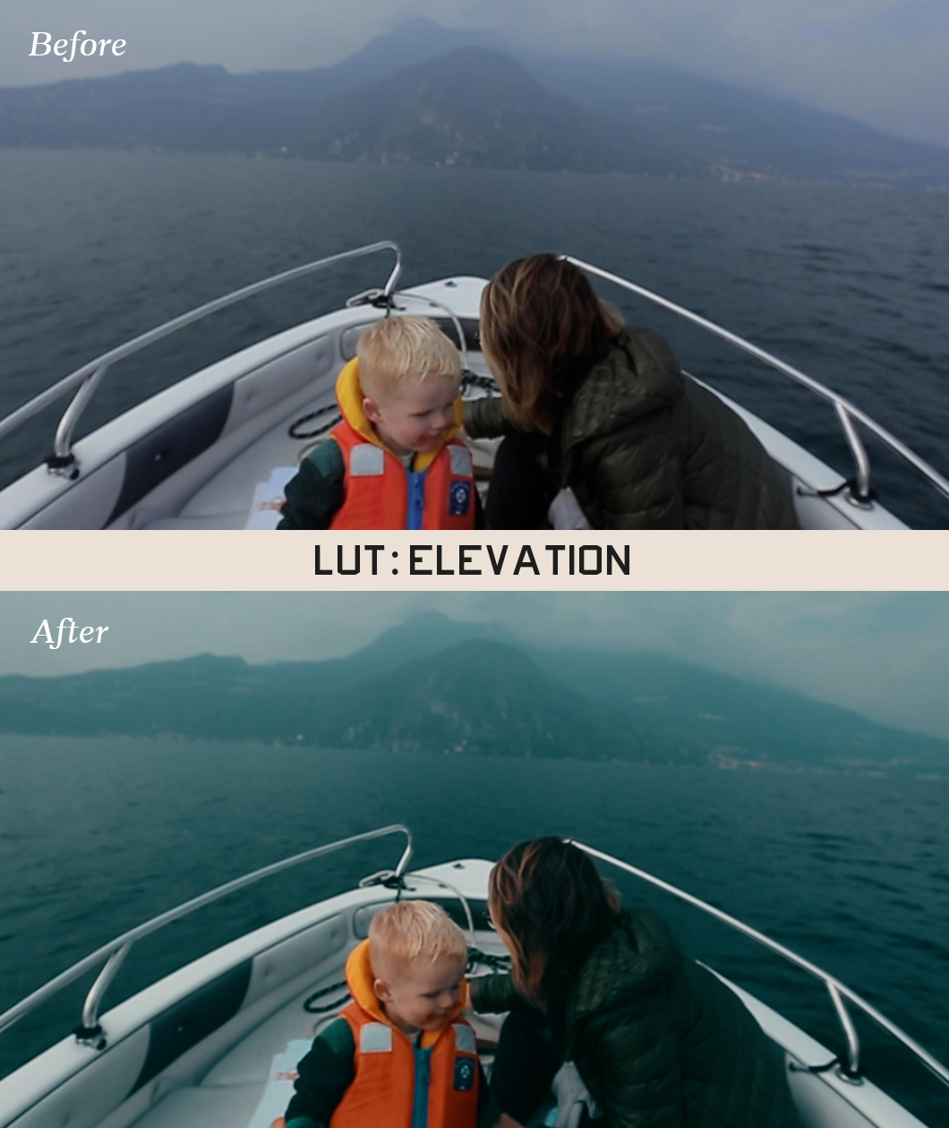 Two of the same photo of a child and adult on a boat. In betwen the photos is a bar that says "LUT: Elevation". The bottom "after" photo has warmer-toned colors compared to the top photo. By Iz & Johnny Harris