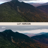 Two of the same phtot of a mountain. In between the photos is a white bar that says "LUT: Horizon". The bottom photo has more crisp differences in color than the top photo. By Iz & Johnny Harris.