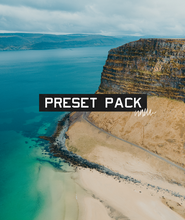 A photo of a cliffside by the ocean with the words "Preset Pack" in the center - by Iz & Johnny Harris