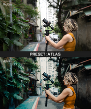 Two of the same photo of a woman with a camera. In between the photos is a grey bar with the text "Preset: Atlas." The photo on the bottom is labled "After" and it is zoomed out more compared to the top photo - by Iz & Johnny Harris. 