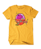 A yellow shirt with an illustration of a pink Kedicizdim cat piloting a whimsical pink and yellow cobbled together aircraft. The design is large and centered on the shirt.